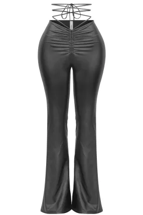 Ayanna Waist Tie Flare Pants (Black Leather)