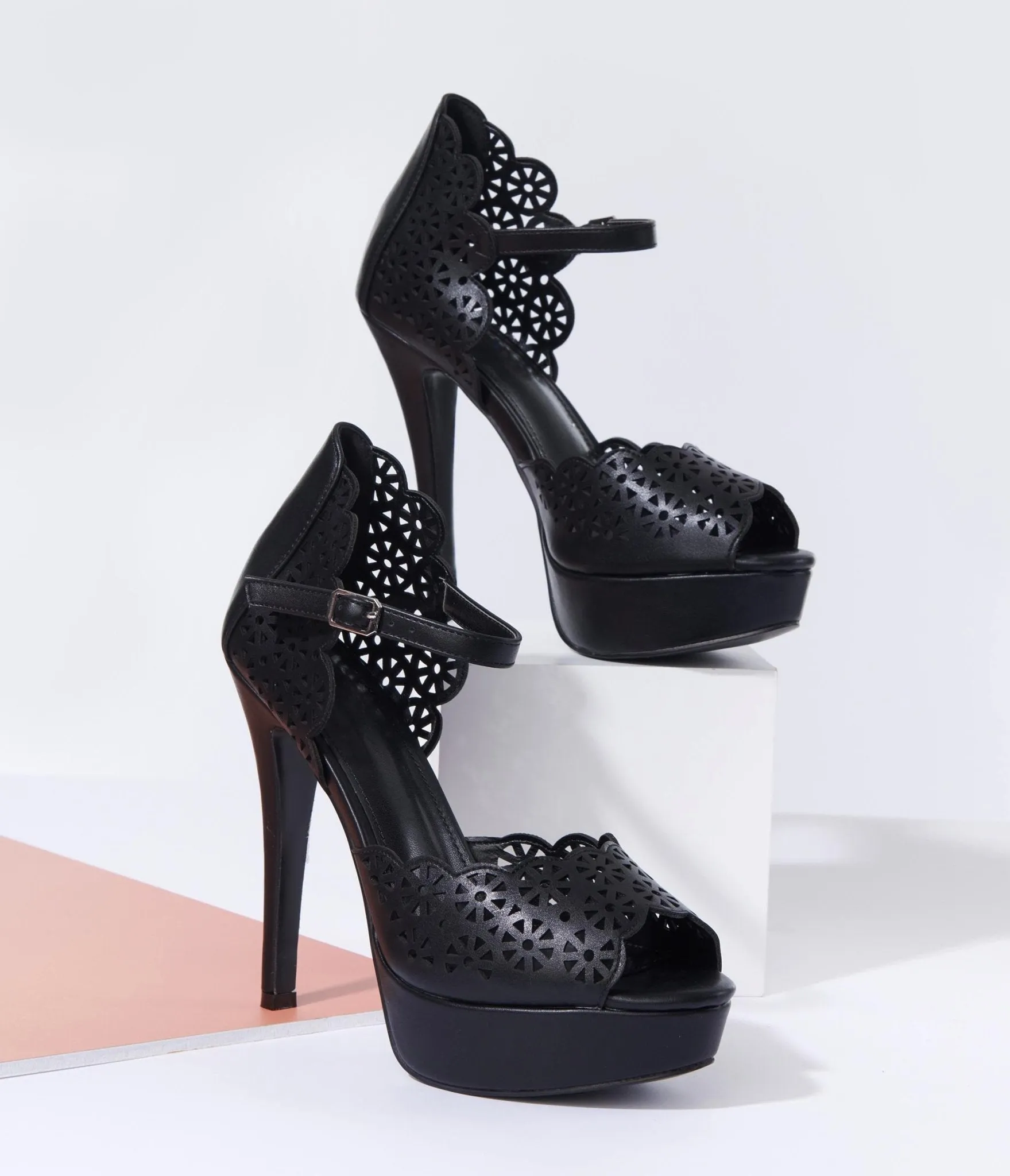 Black Leatherette Faux Lace Platform Heels