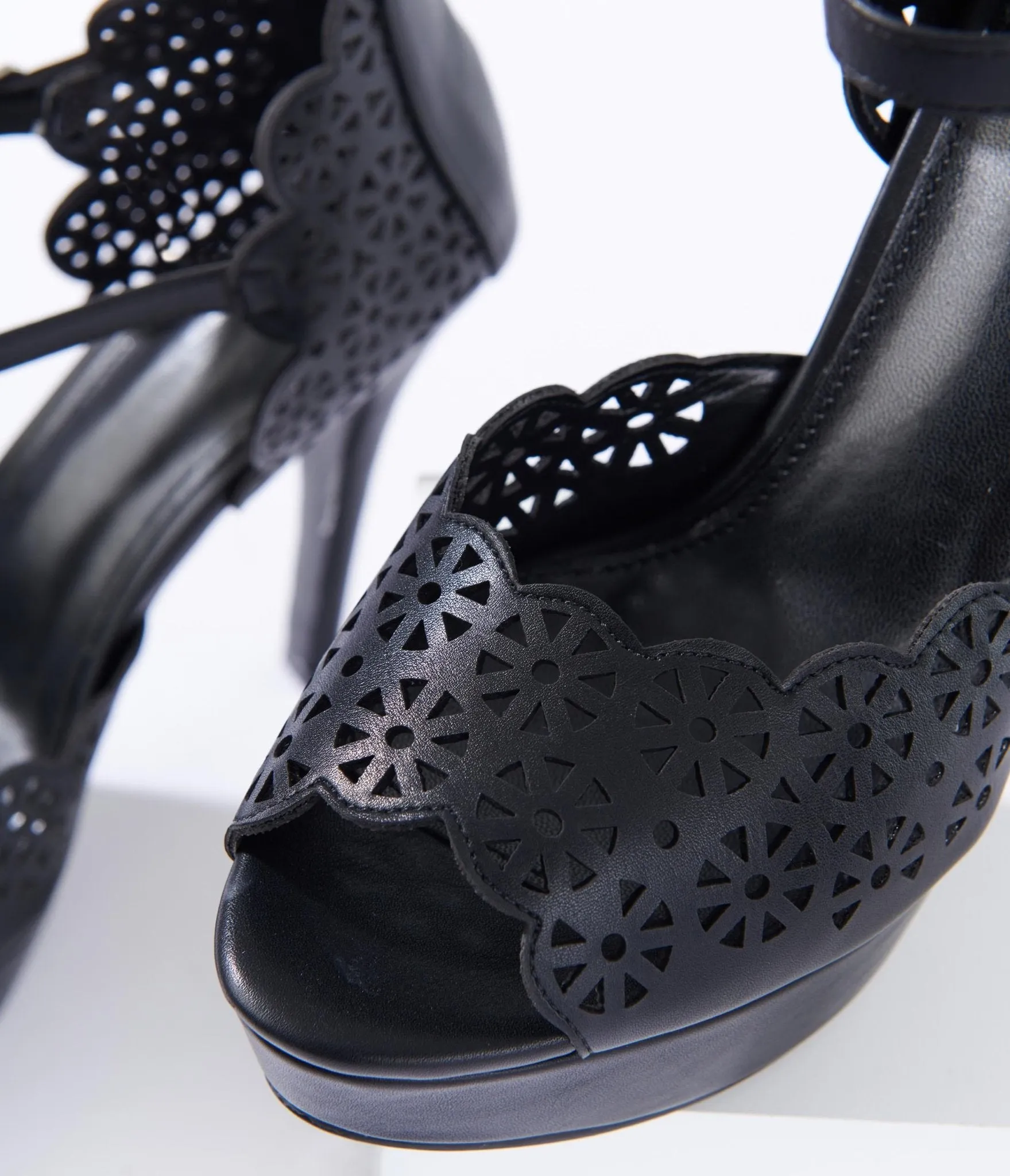 Black Leatherette Faux Lace Platform Heels