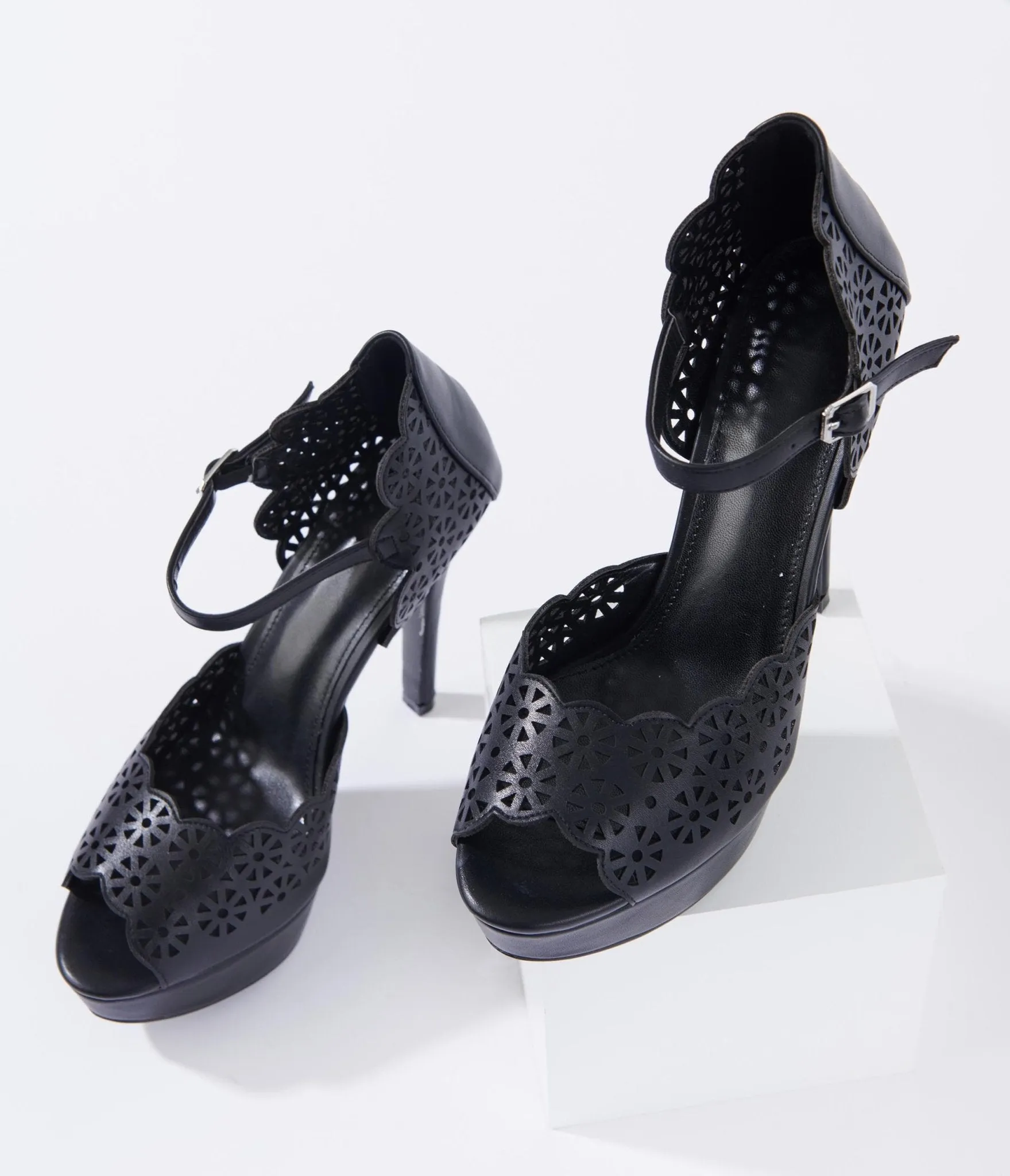 Black Leatherette Faux Lace Platform Heels