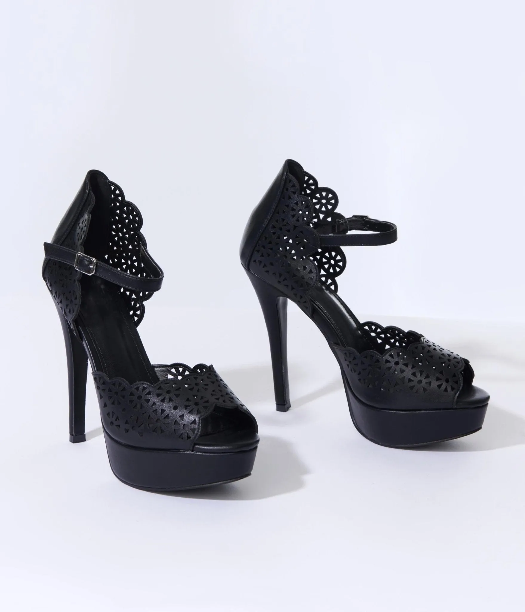 Black Leatherette Faux Lace Platform Heels