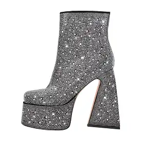 Black Rhinestone Square Toe Chunky Heel Platform Ankle Boots