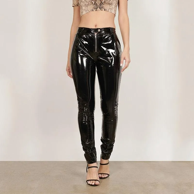 Casual Faux Leather Pencil Pants Women High Waist PU Leather