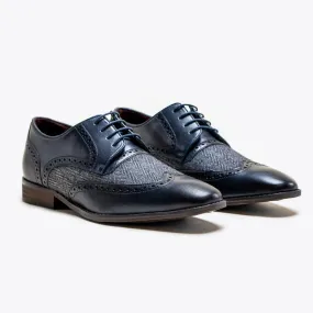 Cavani Faro Navy Blue Tweed Brogues Genuine Leather Shoes