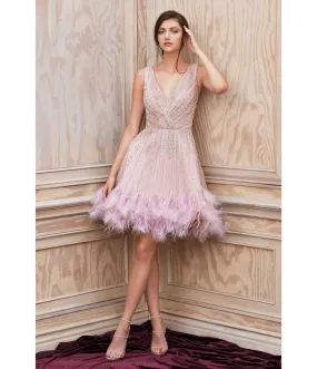 Cinderella Divine  Mauve Rhinestone & Feather Hem Bridesmaid Cocktail Dress