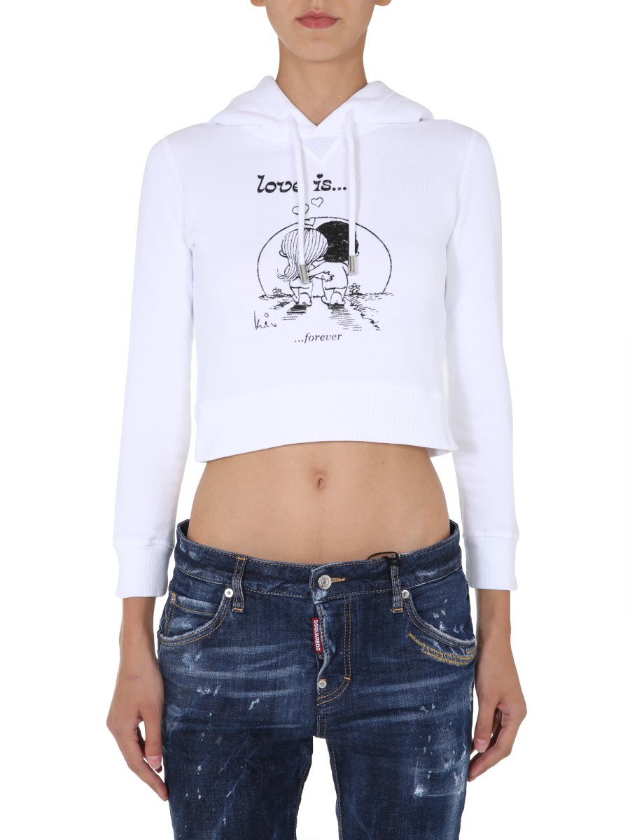 DSQUARED    CROPPED HOODED SWEATSHIRT WITH LOVE IS THE AIR PRINT