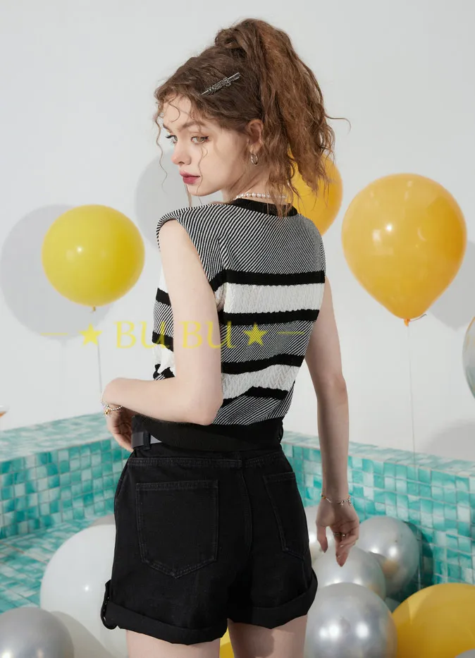 ELF SACK  |Crew Neck Short Stripes Blended Fabrics Sleeveless