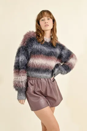 FUR EFFECT KNIT STRIPED SWEATER