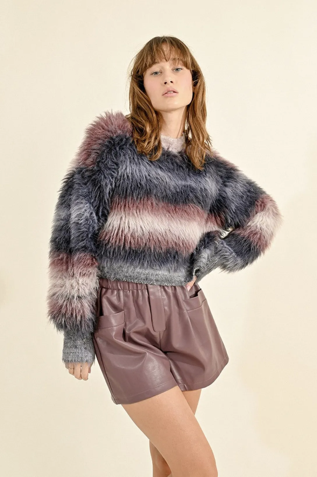 FUR EFFECT KNIT STRIPED SWEATER