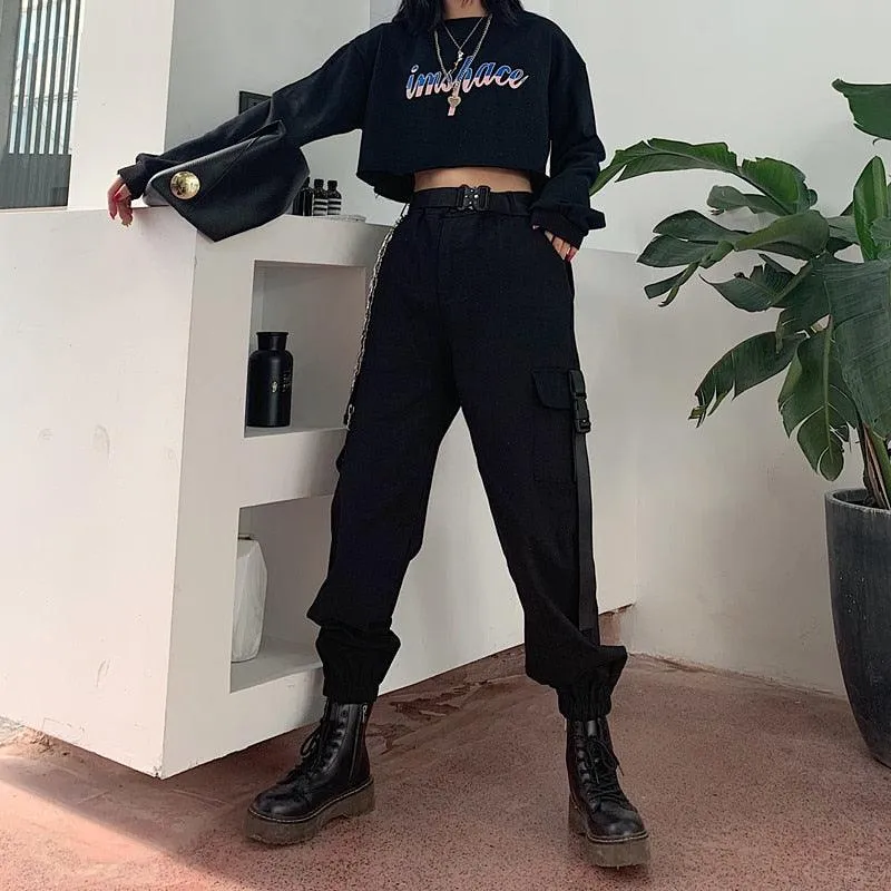 Gothic Cargo Pants with Elastic High Waist and Pockets - Loose Fit