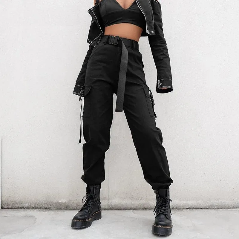 Gothic Cargo Pants with Elastic High Waist and Pockets - Loose Fit