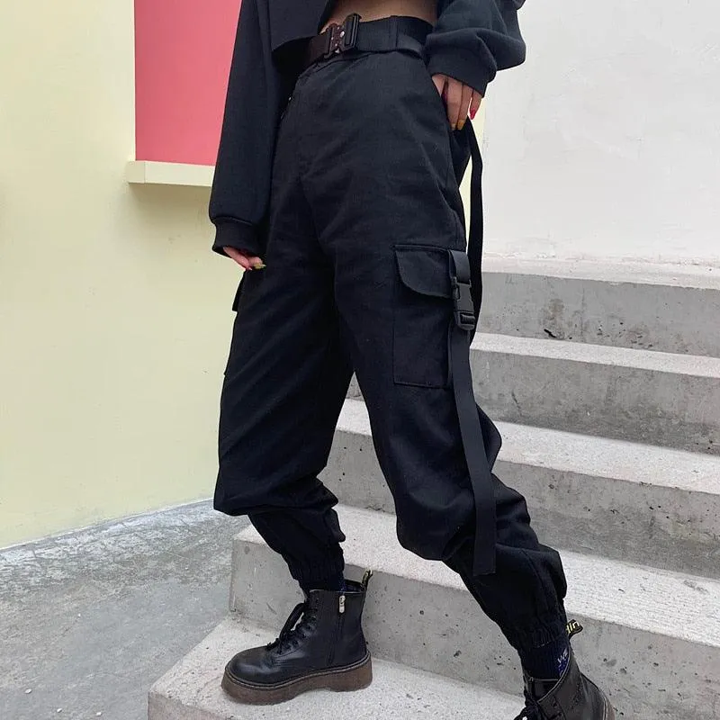 Gothic Cargo Pants with Elastic High Waist and Pockets - Loose Fit