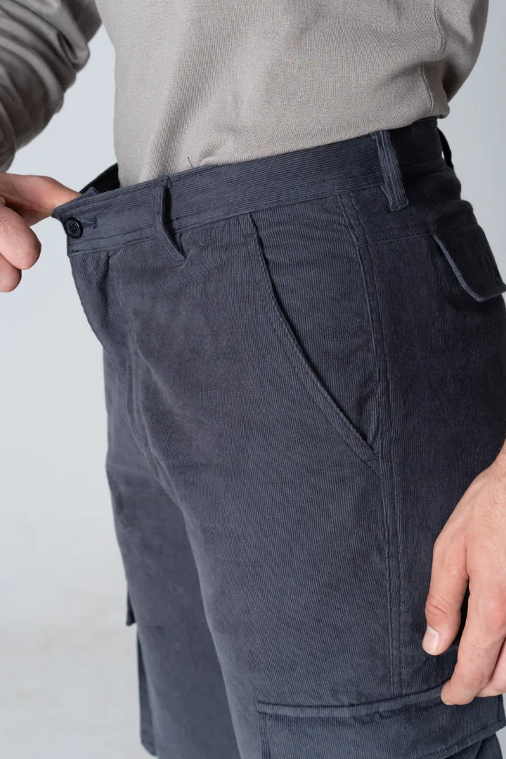 Grey Corduroy Stretch Cargo Pants