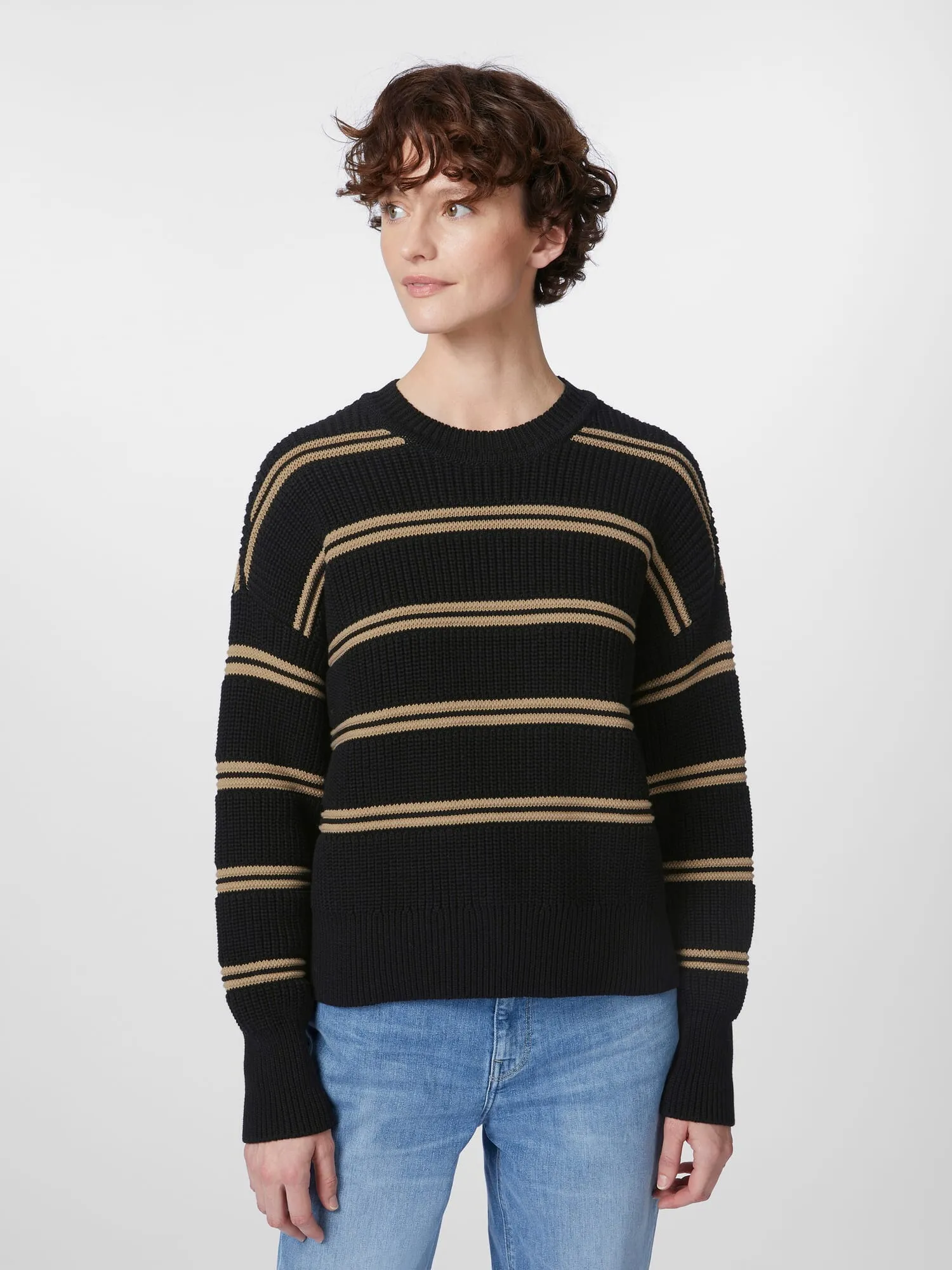 Ladies cotton sweater, Black-Beige | Manufactum