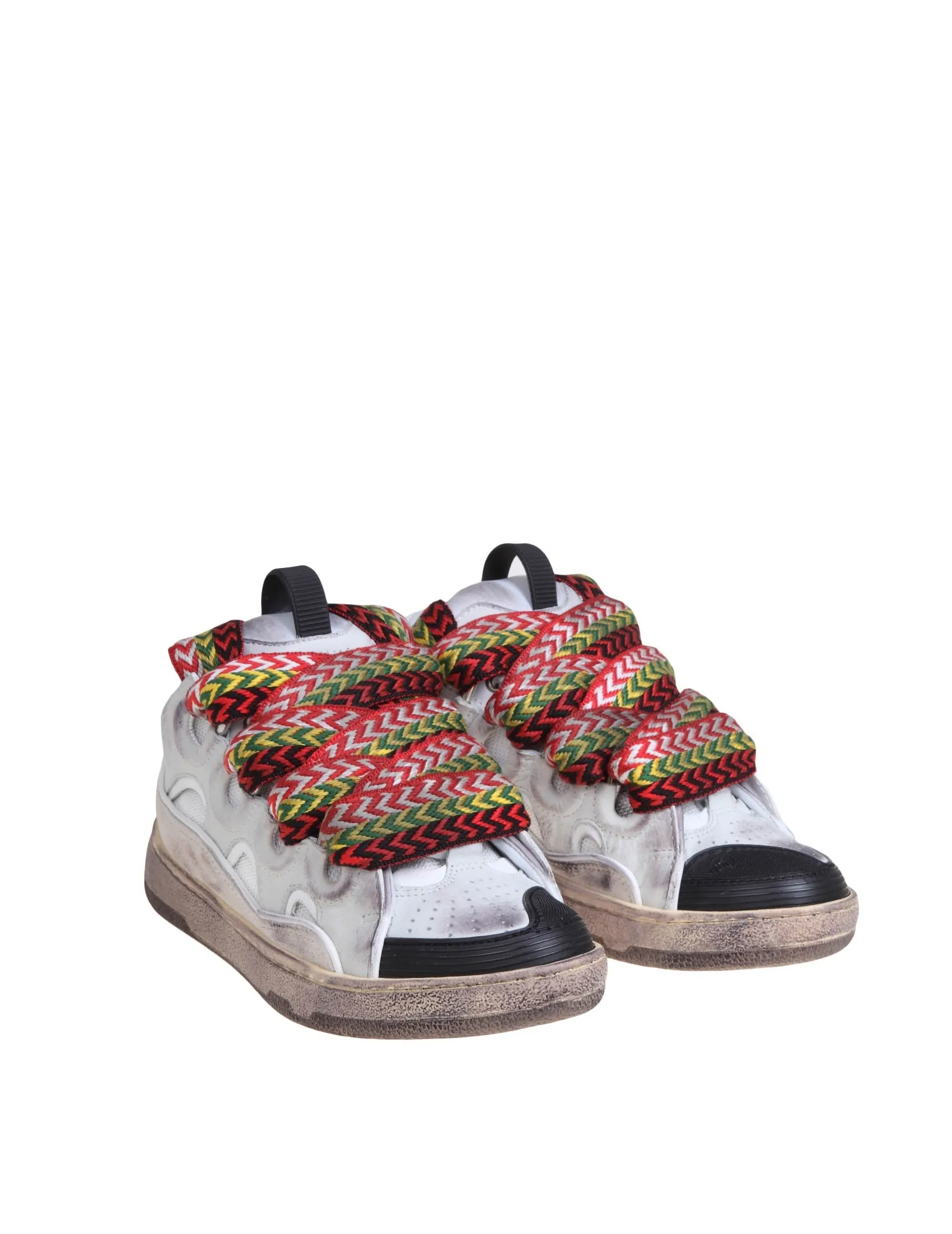 LANVIN CURB VINTAGE-EFFECT LEATHER AND SUEDE SNEAKERS