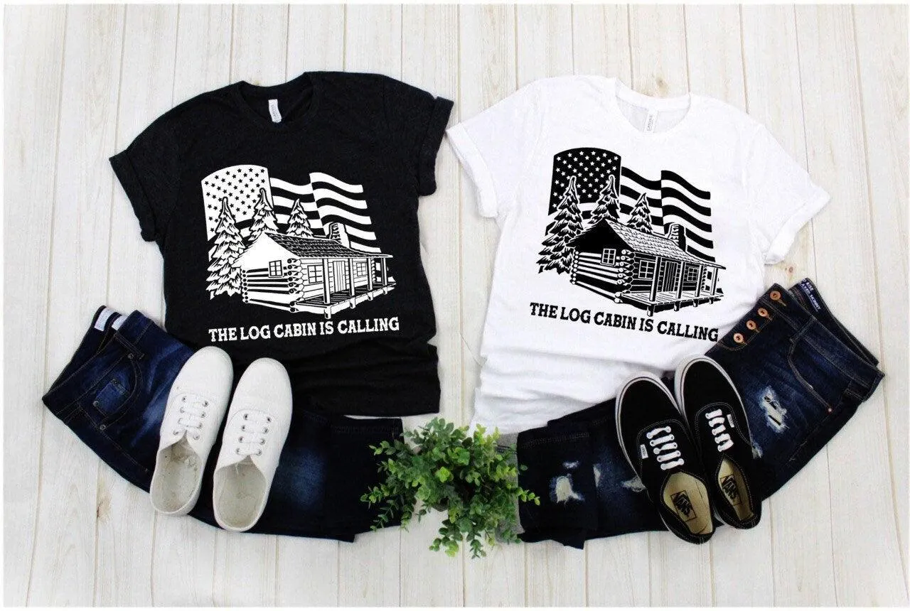 Log Cabin Is Calling American Flag T-Shirts,Natuer lover dad, Cabin Fever Shirt, Climbing, Hiking, Camping, Outdoors, Funny Tees