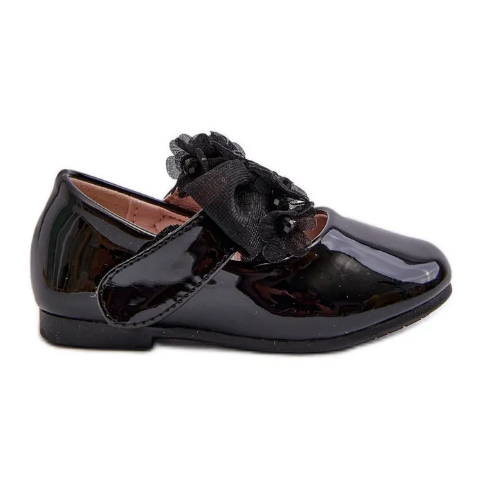 Patent leather children's ballerina shoes with Velcro and a bow, Black Olessa