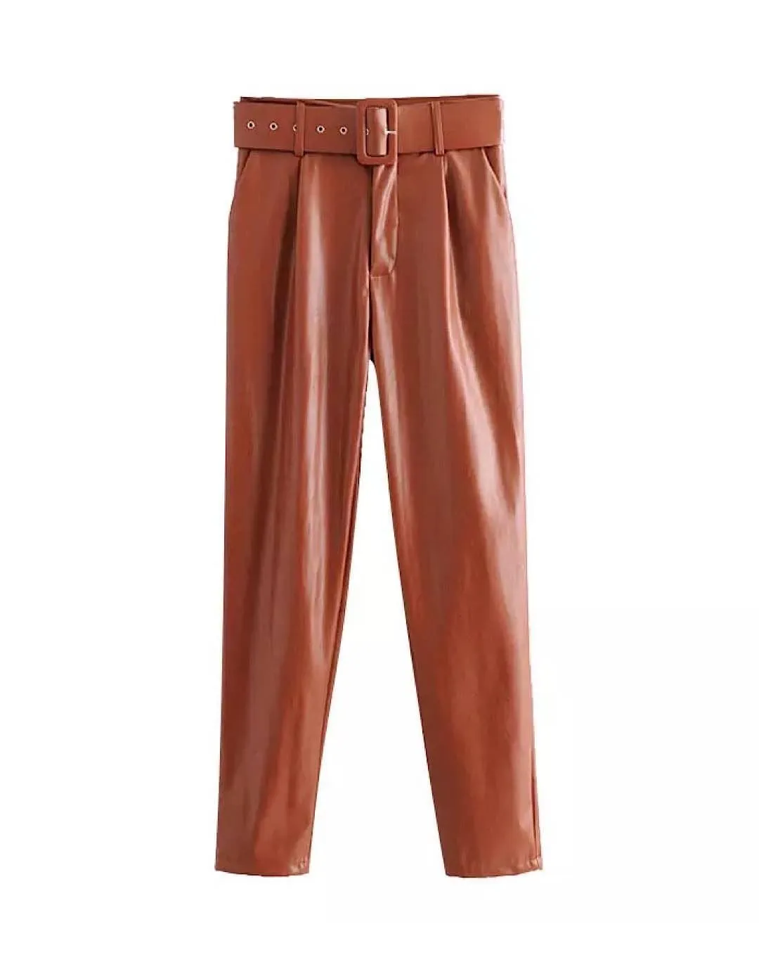 PU Leather Belted High Waisted Pants