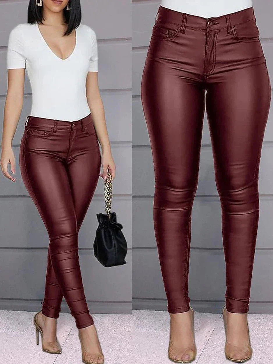 Skinny Leather Pants with High Waist and Side Pockets