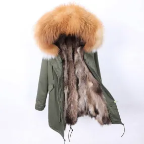 Women's Full Sleeved Hooded Winter Jacket with Natural Raccoon Fur Collar